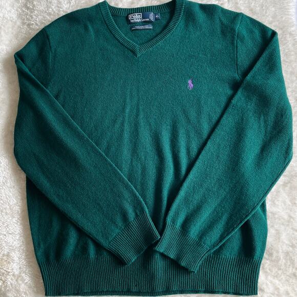 Polo Ralph Lauren | Green Lambswool V-Neck Oversized Sweater | Men's Size XL - Picture 3 of 10